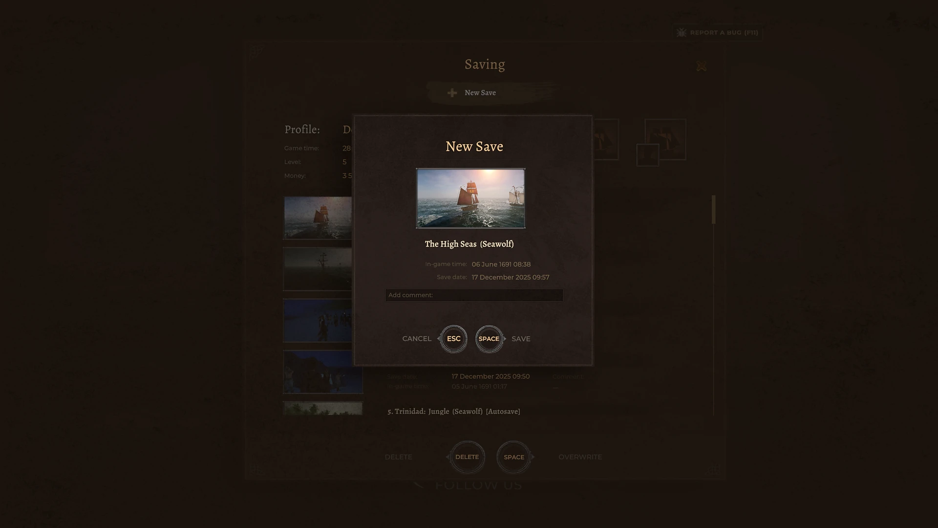 ability to leave comments for each save Corsairs Legacy